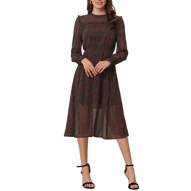INSPIRE CHIC Robe Midi Florale pour Femmes Manches Longues Décontractée Taille Haute à Volants Noire G
