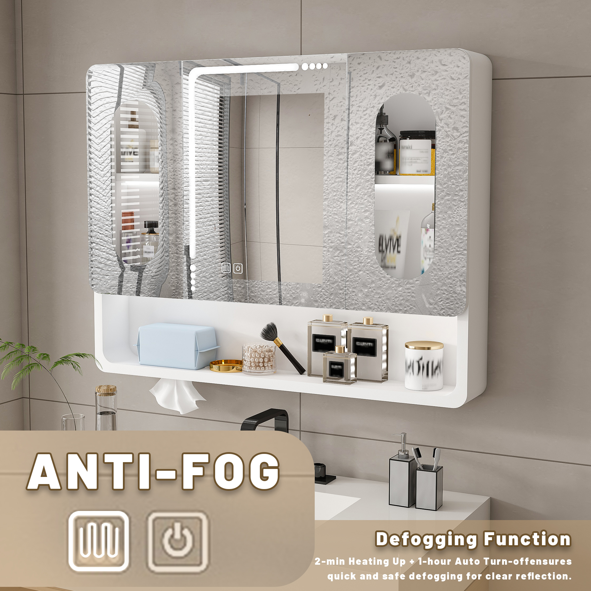 Bathroom Mirror Cabinets, Medicine Cabinets, Wall Mounted Bathroom Mirror Cabinet with LED Lights, Touch Control, 3 Color Lighting, Aluminum Alloy Construction, Spacious Storage for Bathroom, White