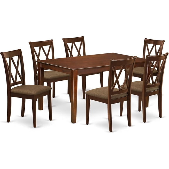 7-Piece Dining Set | Rectangle Kitchen Table & 6 Upholstered Chairs | Mahogany Finish