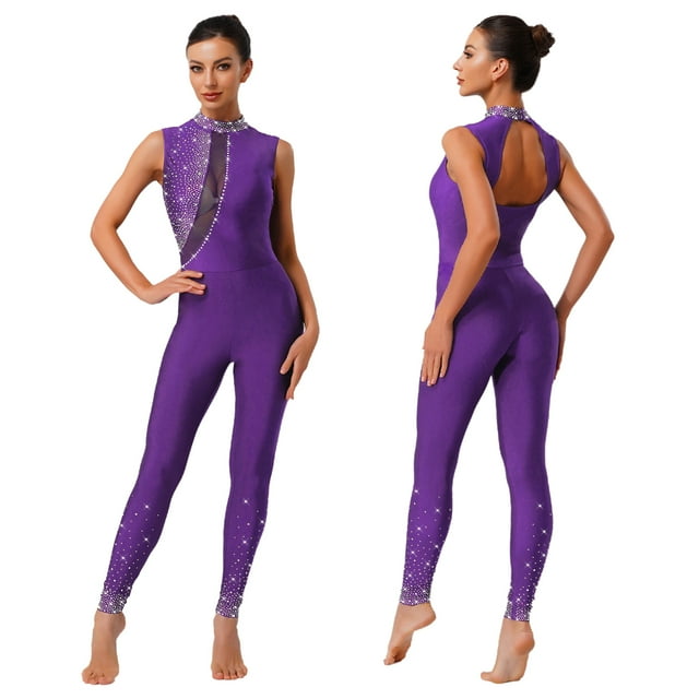 Fldy Womens Sparkly Rhinestone Gymnastics Romper Sleeveless Unitard for Rhythmic Dance Competition Purple M