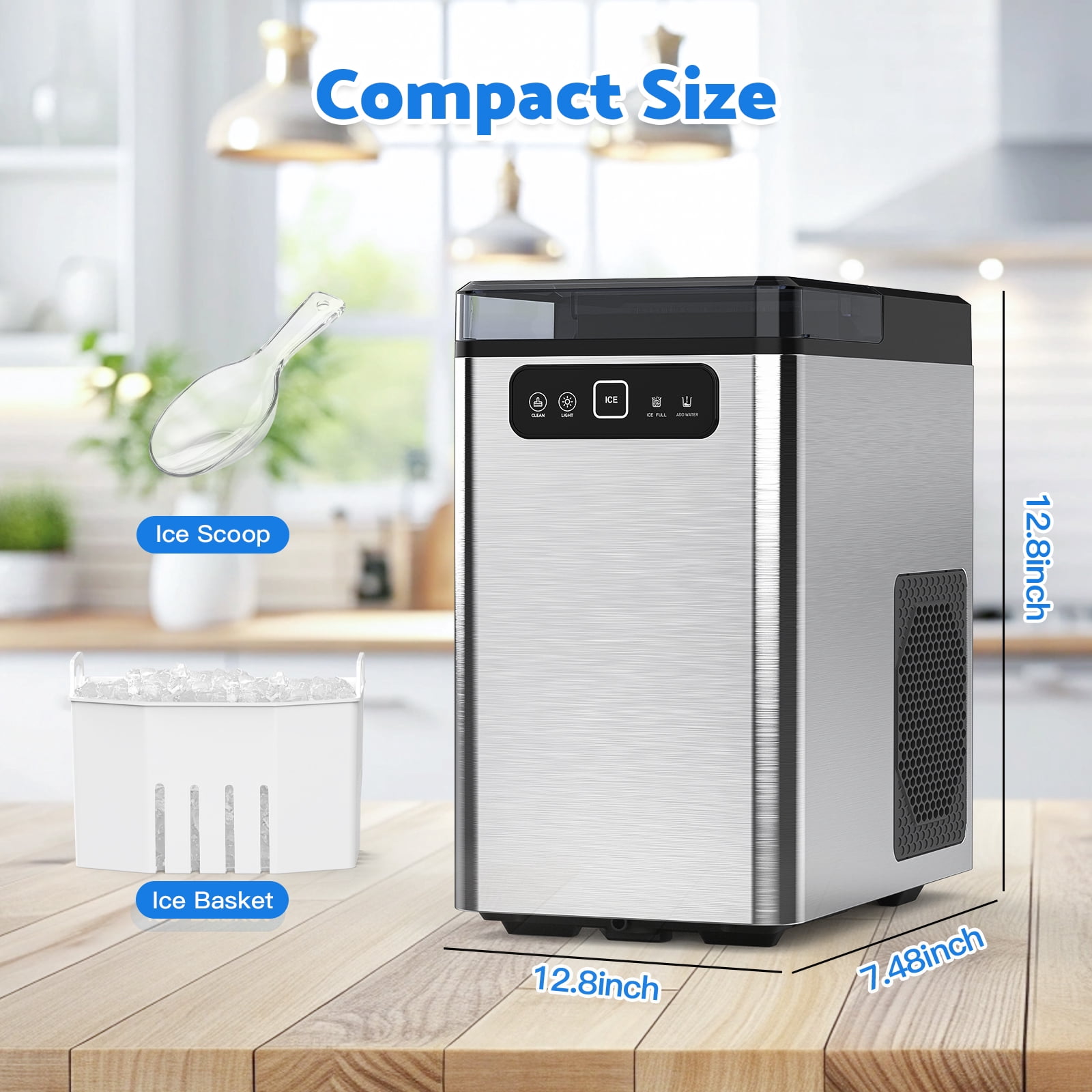 Advwin Nugget Ice Maker Countertop, 40lbs/Day Pellet Ice Machine, Self-Cleaning Portable Ice Maker with Ice Scoop & Basket, Stainless Steel, Ideal for Home, Kitchen, Office