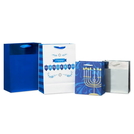 American Greetings Hanukkah Gift Bags, Menorah and Dreidel (4 Bags, 2 Medium 10", 2 Small 6")