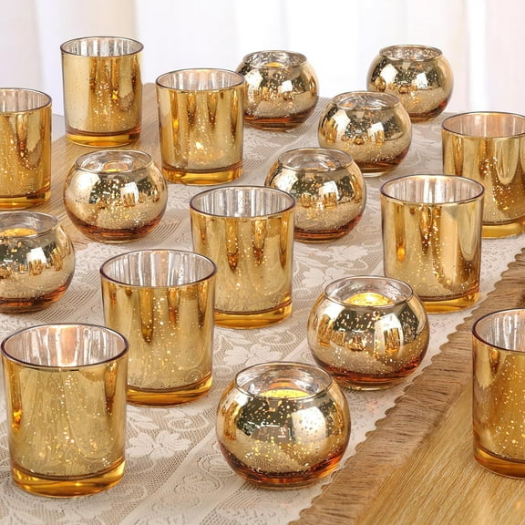 30pcs Assorted Gold Votive Candle Holders Bulk, Large Gold Wedding Centerpieces for Tables, Mercury Glass Votive & Tealight Candle Holders for Party Decorations and Home Decor