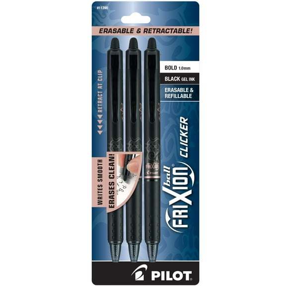 Pilot FriXion Ball Clicker Erasable Retractable Gel Pens, Pack of 3, Bold Point, 1.0 mm, Black Barrels, Black Ink