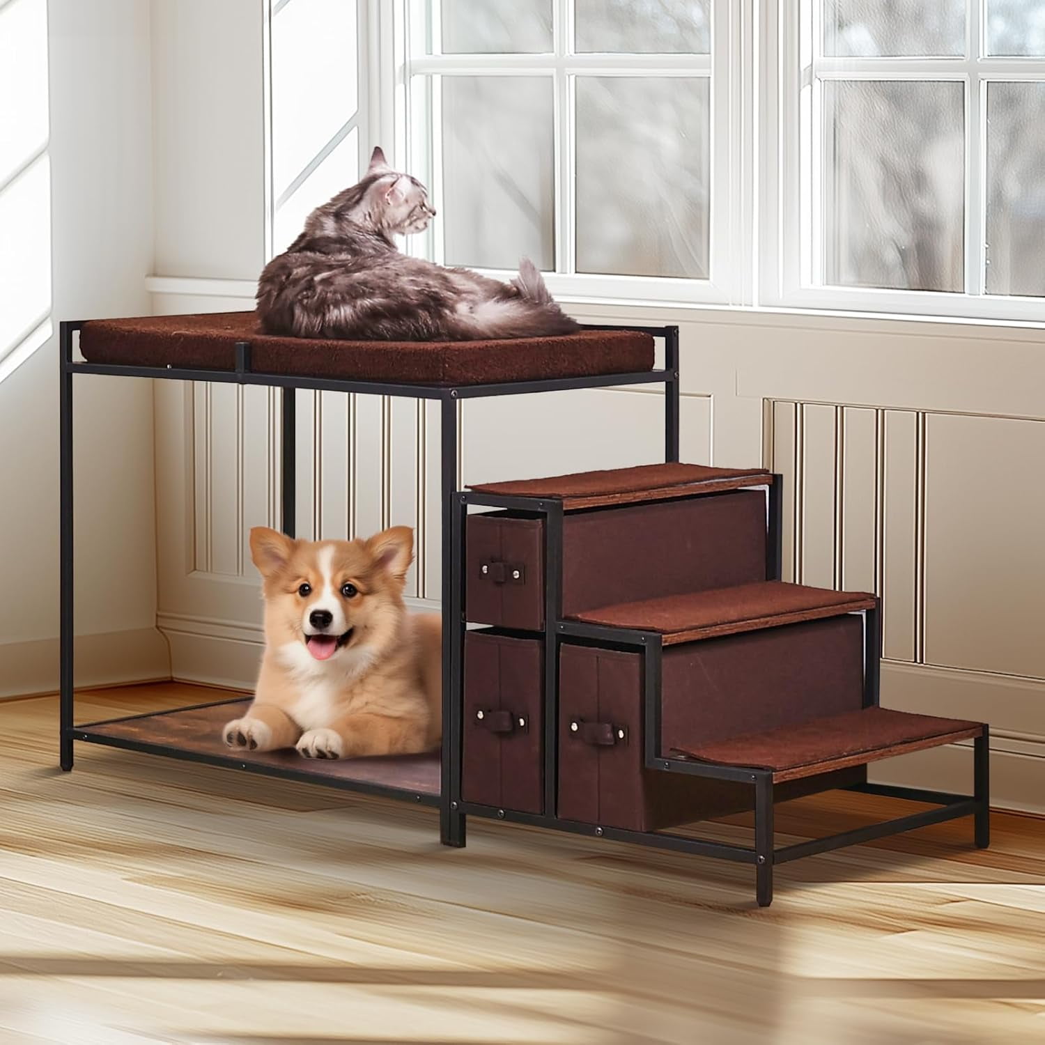 Pet Bunk Bed with Stairs, Dog/Cat Window Perch with Storage, Multi-Level Bed Window Perch Dog Bedside Sleeper Couch, Pet Seat Platform for Medium Size Pet, Indoor Use (Dark Brown)