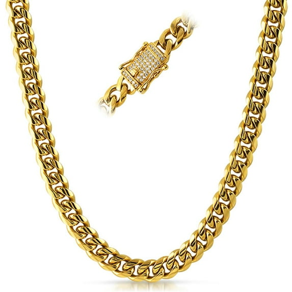 CZ Diamond Lock Cuban Chain 10MM Gold Steel (30 in)