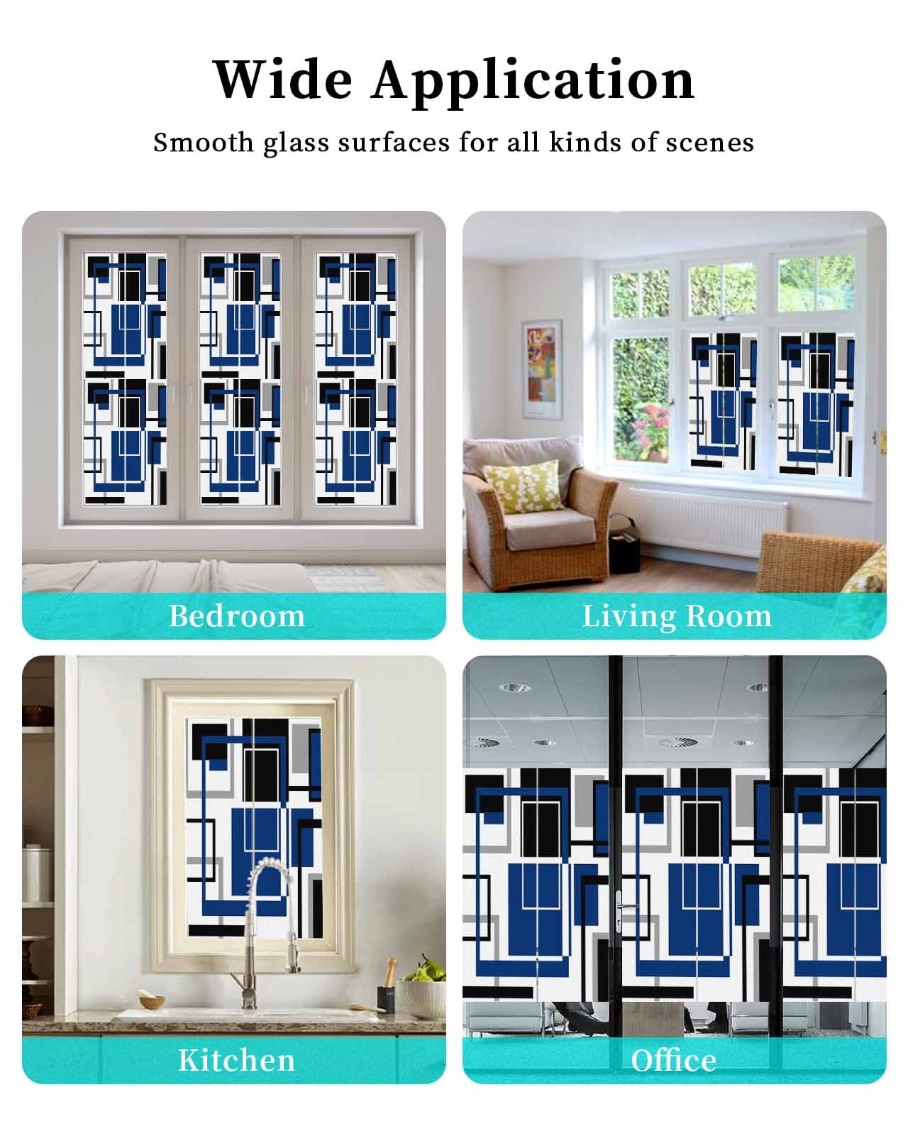 Window Privacy Film Blue Black Geometric Stained Glass Window Film Decorative Sun Block Window Cover Modern Minimalist Abstract Stripes Window Clings Static Adhesive Sticker for Bathroom 17.7"x78.7"