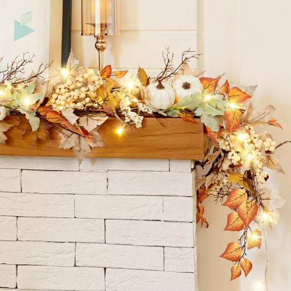 Guvpev Fall Garland with Lights, 6FT Lighted Fall Leaves Garland for Mantle Outdoor Home Door Table, with Pumpkins, Fall Decor Autumn Thanksgiving Decorations
