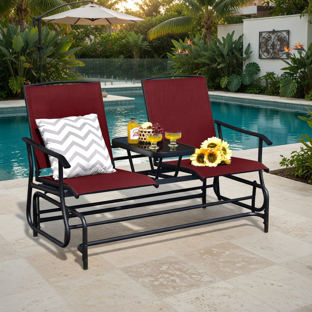 Hommoo 2-Person Outdoor Rocking Loveseat with Tempered Glass Center Table, Mesh Fabric Seating, Red