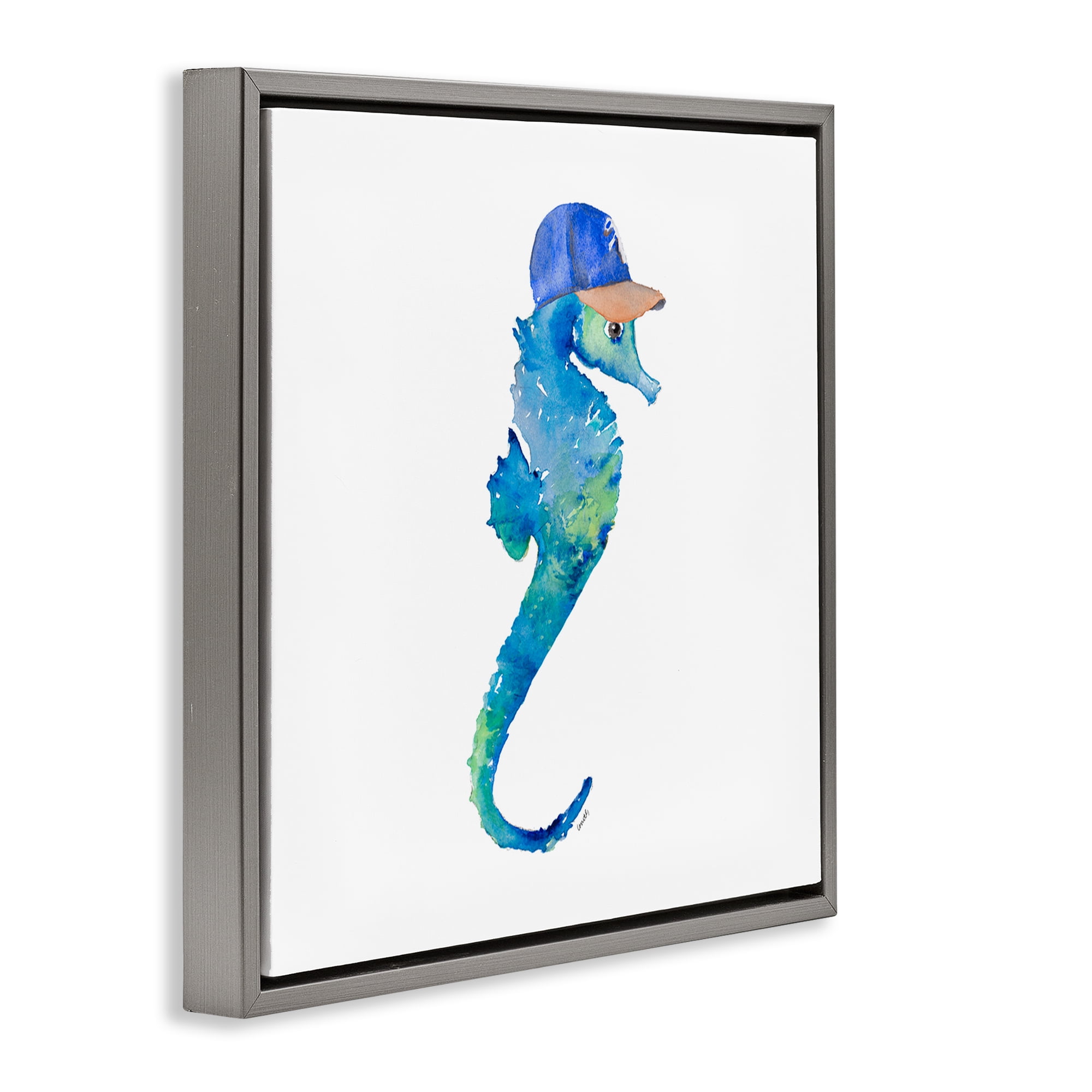 Stupell Industries Blue Seahorse in Hat Novelty Painting Gray Floater Framed Canvas Art Print Wall Art, 18 x 18