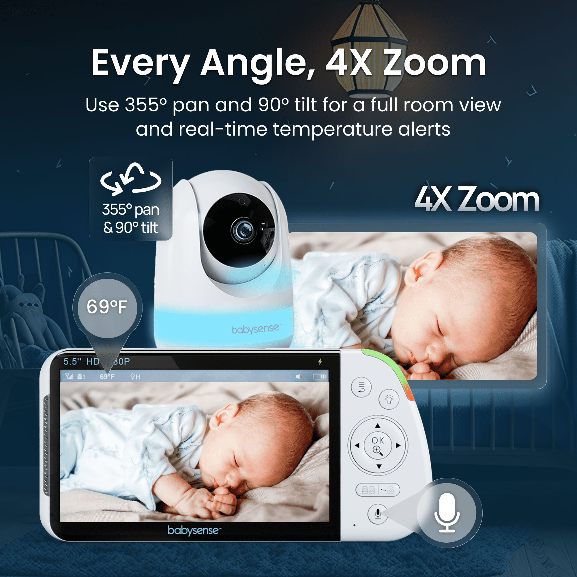 Babysense Full HD 5.5" Split Screen Baby Monitor with Camera and Audio, 6-Color Night Light, White Noise, Sound & Light Machine, 20-Hour Battery, Hack-Proof Non-WiFi Secure Connection