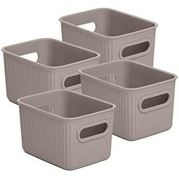 Superio 1.5 L Mini Ribbed Storage Bin- Plastic Storage Basket (Taupe, 4 Pack)