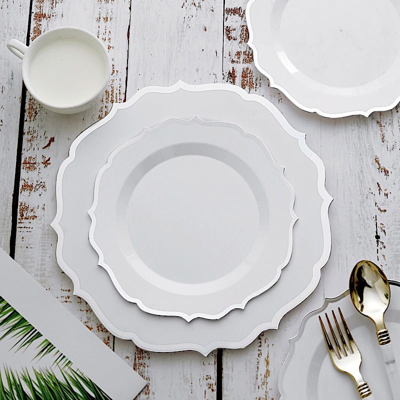 BalsaCircle 10 White 8-Inch Round Plastic Dessert Plates Silver Scalloped Rim Disposable Wedding ...