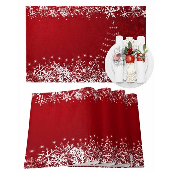 Christmas Placemats Set of 6, Red Snowflake Place Mats Xmas Tree White Snow Placemat Table Decoration for Kitchen Table Dinner Xmas Holiday Party Home Decor Indoor Outdoor 13x19 Inch