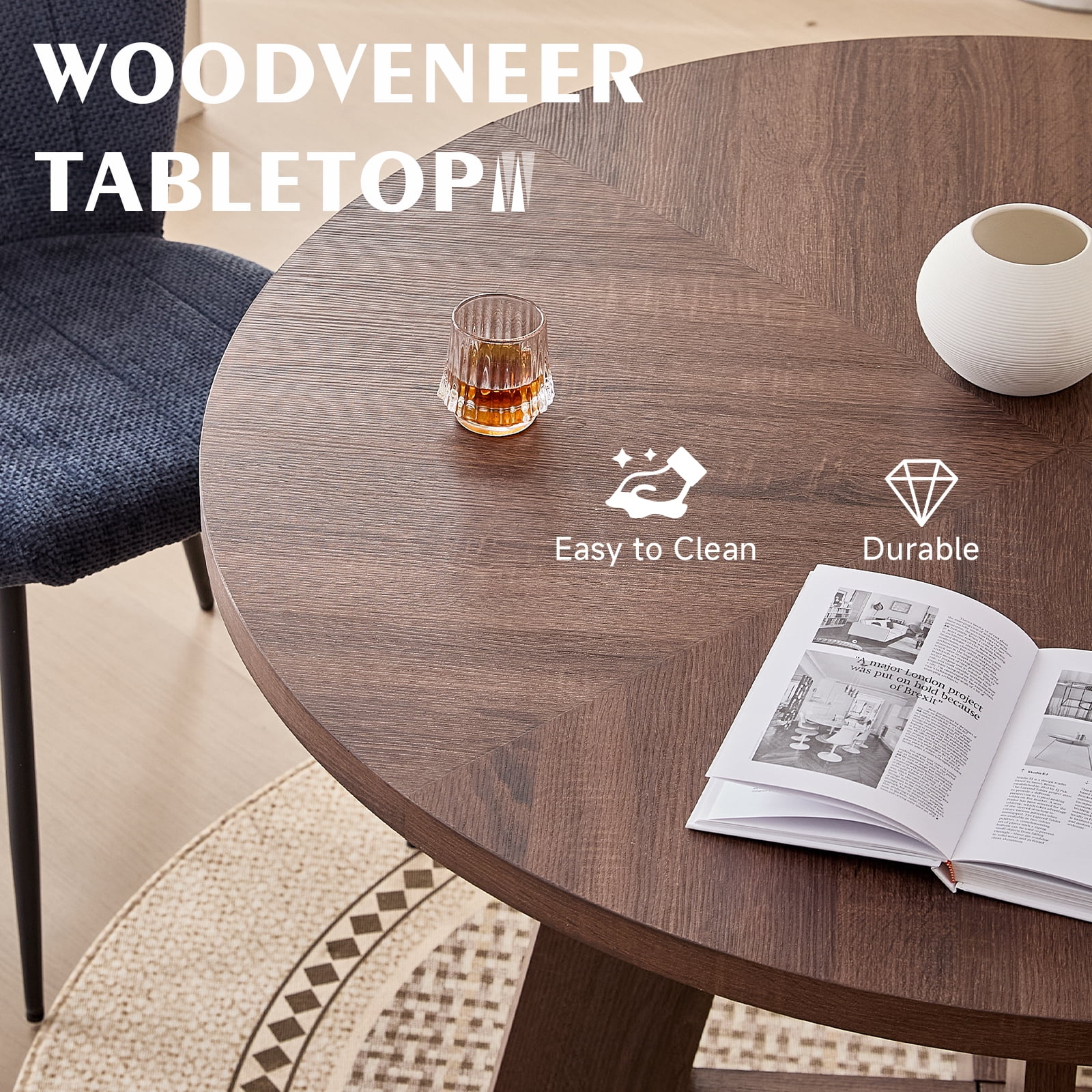 5 Piece 47" Round Dining Room Table Set for 4, [Fanned Base] [1.38" Thick Top] Wood Kitchen Table with 4 Blue Chenille Dining Chairs