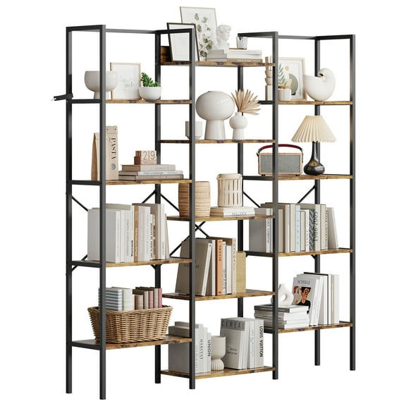 Roromall 5-Tier Triple Bookshelf with 14 Adjustable Shelves, Industrial Steel Frame with X-Back Brace, Reinforced Anti-Tip Design Vintage Bookshelf for Living Room, Office, Home