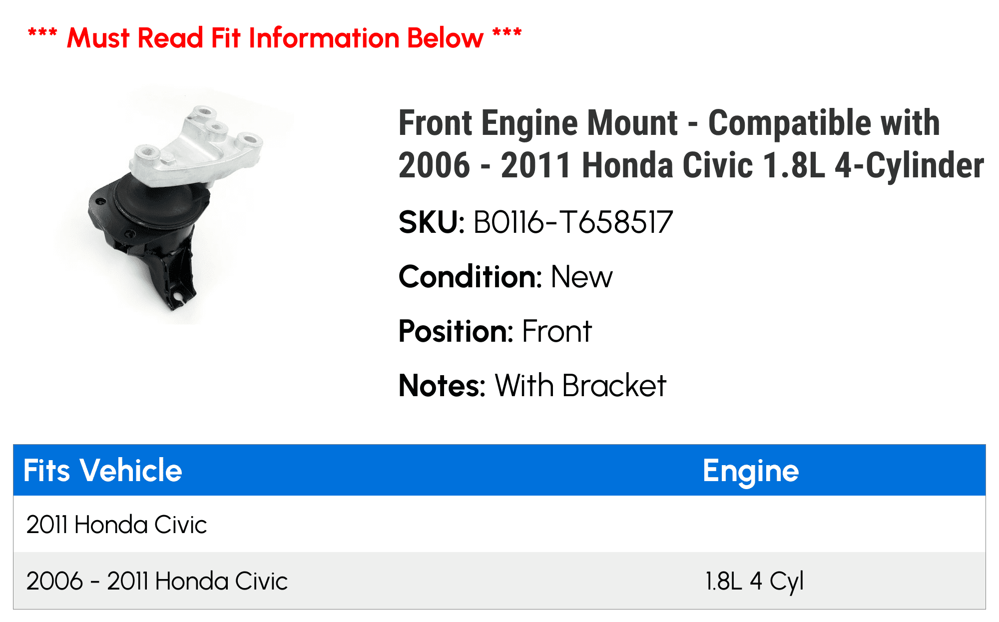 Front Engine Mount - Compatible with 2006 - 2011 Honda Civic 1.8L 4-Cylinder 2007 2008 2009 2010