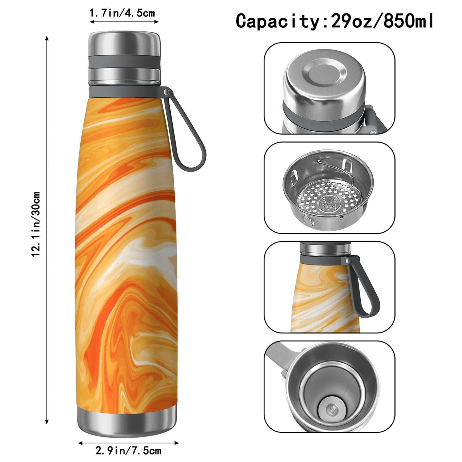 29oz Insulated Water Bottle with Tea Infuser, Stainless Steel Travel Mug, Liquid & Marble Print