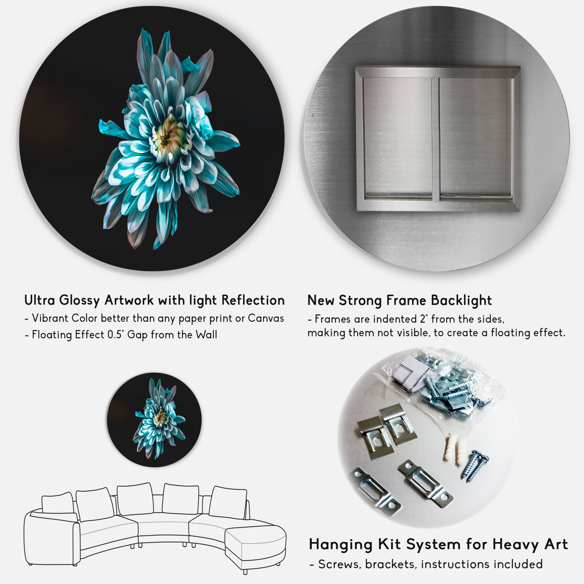 Designart 'Top View of White and Blue Flower' Traditional Circle Metal Wall Art 29x29 - Disc of 29