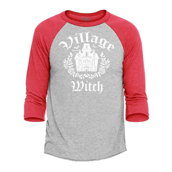 Shop4Ever Men's Village Witch Spooky Halloween Witches Raglan Baseball Shirt X-Small Heather Grey/Red