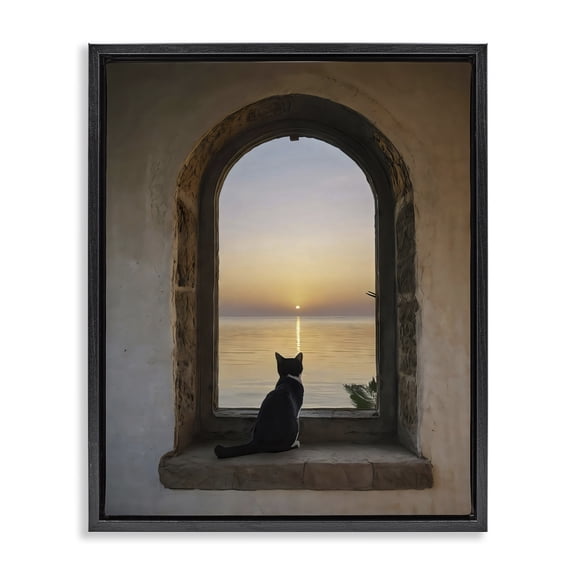 Stupell Industries Coastal Cat Overlooking Water at Sunset Black Floating Frame Canvas Art, 17 x 21, by Creative Studio