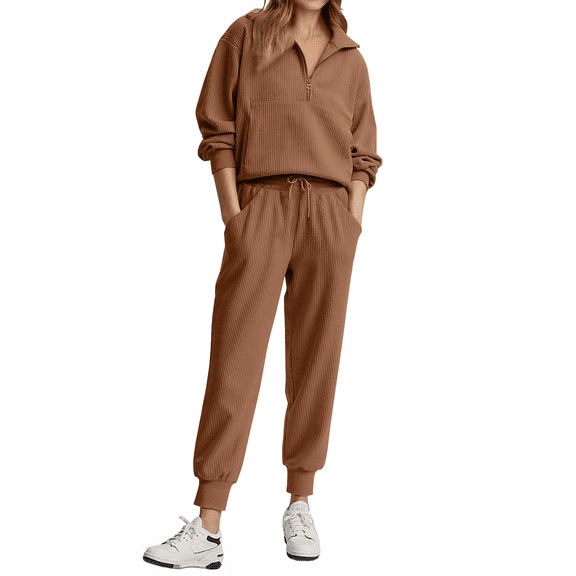 Fantaslook Womens 2 Piece Sets Long Sleeve Half Zip Sweatsuits Lounge Jogger Tracksuit with Pockets Vacation Fall Outfits