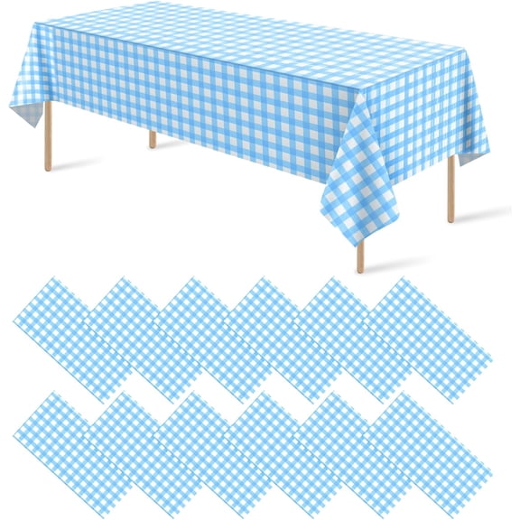 12Pack Light Blue and White Plastic Checkered Tablecloth, Decorative Disposable Light Blue Gingham Plaid Tablecloth for Party, Rectangle Party Table Cover for Picnic Farm Birthday, 54x108 Inch
