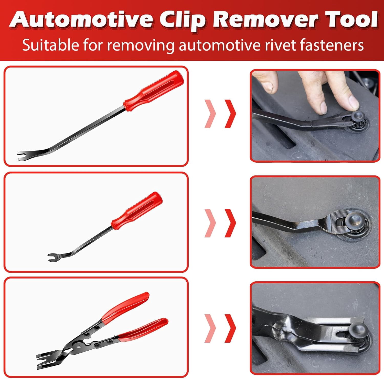 7 Pcs Car Trim Removal Tool Kit with Non-Scratch Plastic Pry and Fastener Clip Pliers for auto Safe Interior Panel Detachment, Dashboard, Door Clips & Upholstery – Red