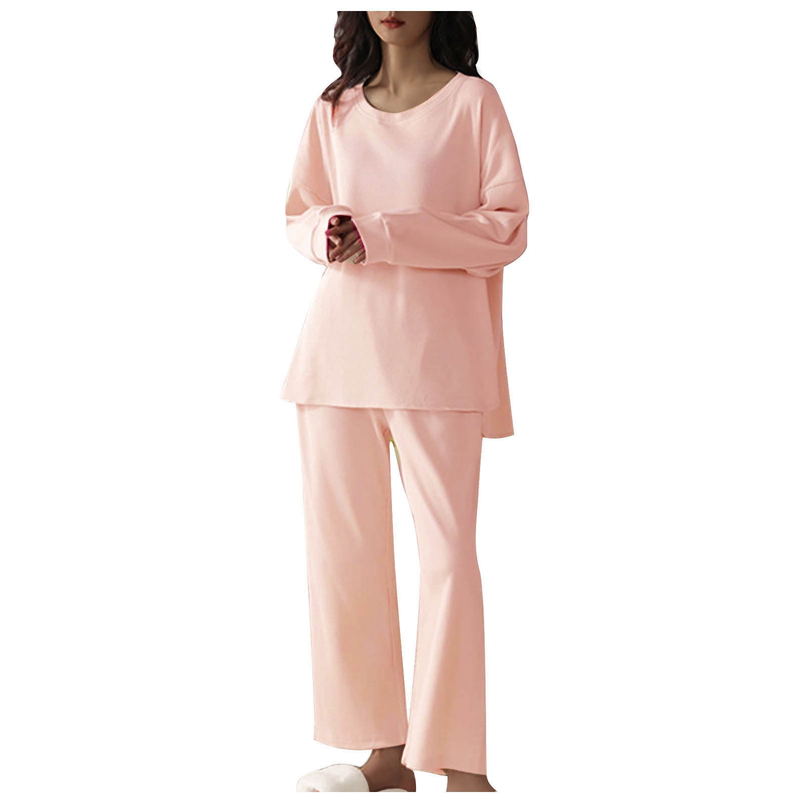 FAIWAD Lounge Pajamas Set for Women Spring Summer Long Sleeved Tops and Wide Leg Slacks Comfy Loungewear Set
