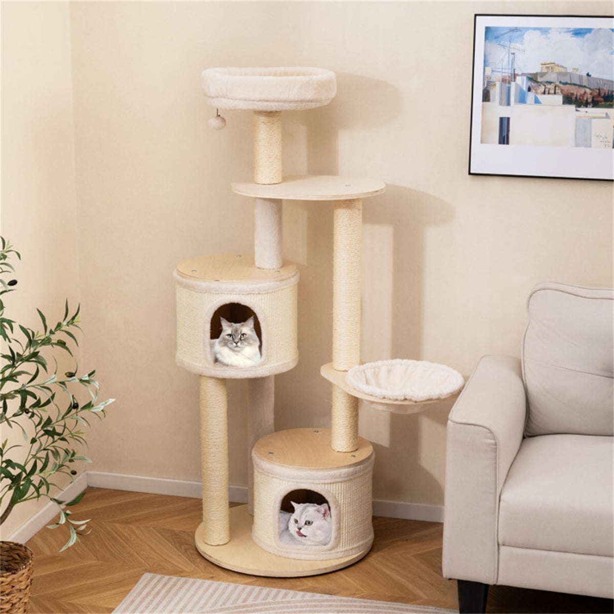 ZephyPaws 60in Tall Cat Tree for Indoor Cats,Wooden Cat Tree Tower with 2 Condo, Sisal Scratching Posts and Board,Top Perch and Basket,Beige