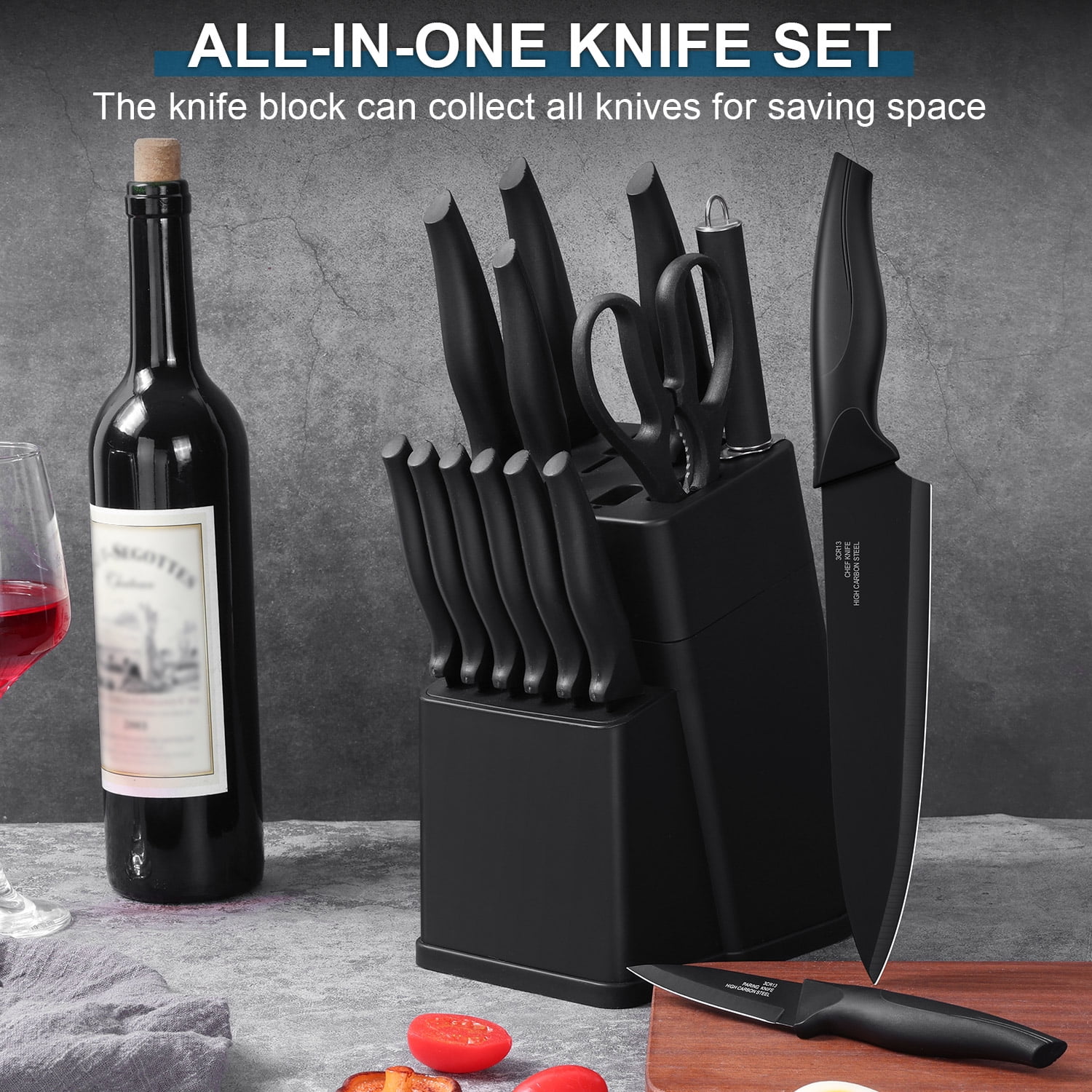 Walchoice 15 Pieces Knife Set with Block, High Carbon Stainless Steel Kitchen Knife Set with Sharpener, Rust Resistant & Dishwasher Safe - Black