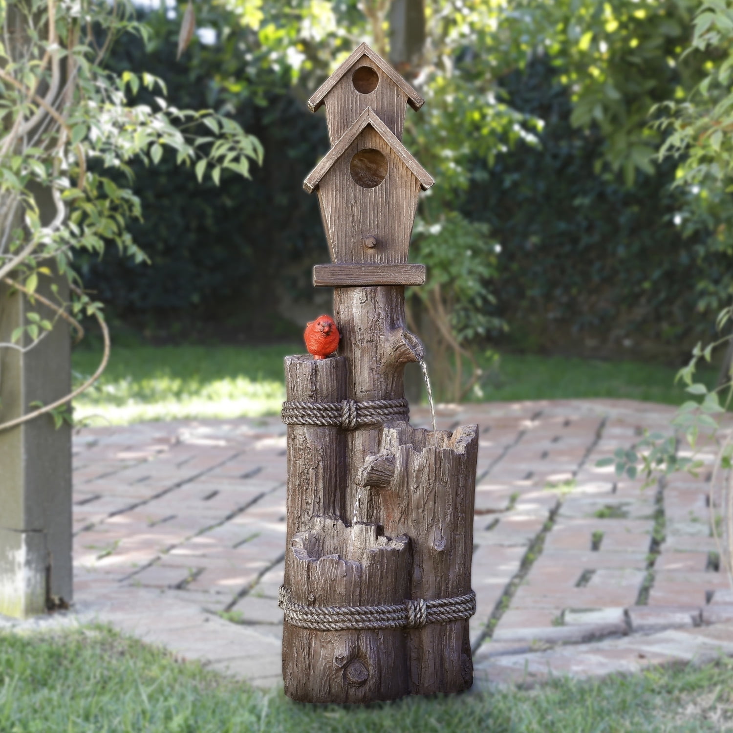 Alpine Corporation WCT1002 35" Tall Outdoor 3-Tier Birdhouse Water Fountain with Cardinal Accent, Rustic Floor Decor for Garden and Patio, Brown