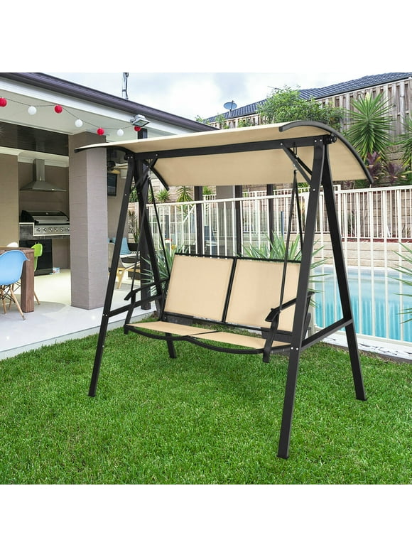 Gymax Patio Canopy Swing Outdoor Swing Chair 2-Person Canopy Hammock Beige