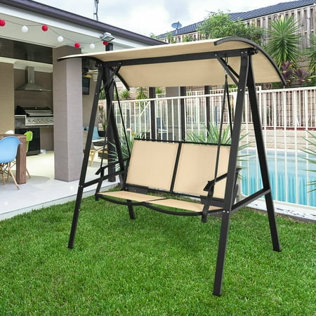 Gymax Patio Canopy Swing Outdoor Swing Chair 2-Person Canopy Hammock Beige