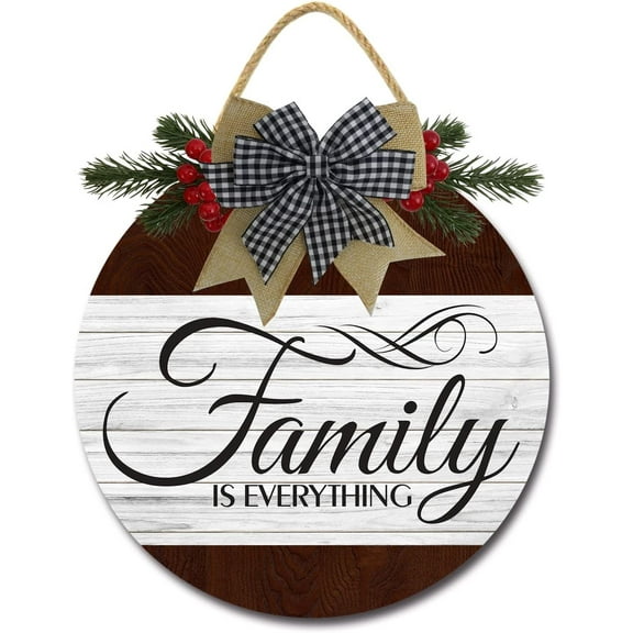 Eveokoki 12" Family is Everything Sign for Front Door Farmhouse Porch ,Rustic Round Wooden Hanging wreaths for Housewarming gift Christmas Festival Decoration Wall Decor Outdoor Indoor