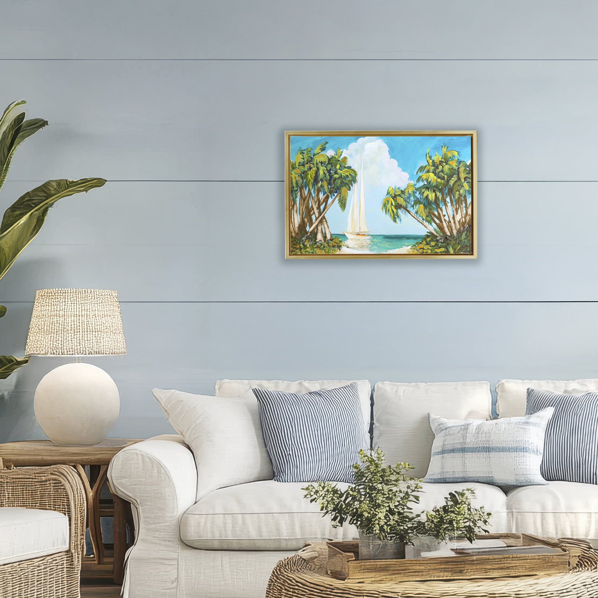 Stupell Industries Sailboat Among Palms Gold Framed Floater Canvas Wall Art, design by Dan Meneely