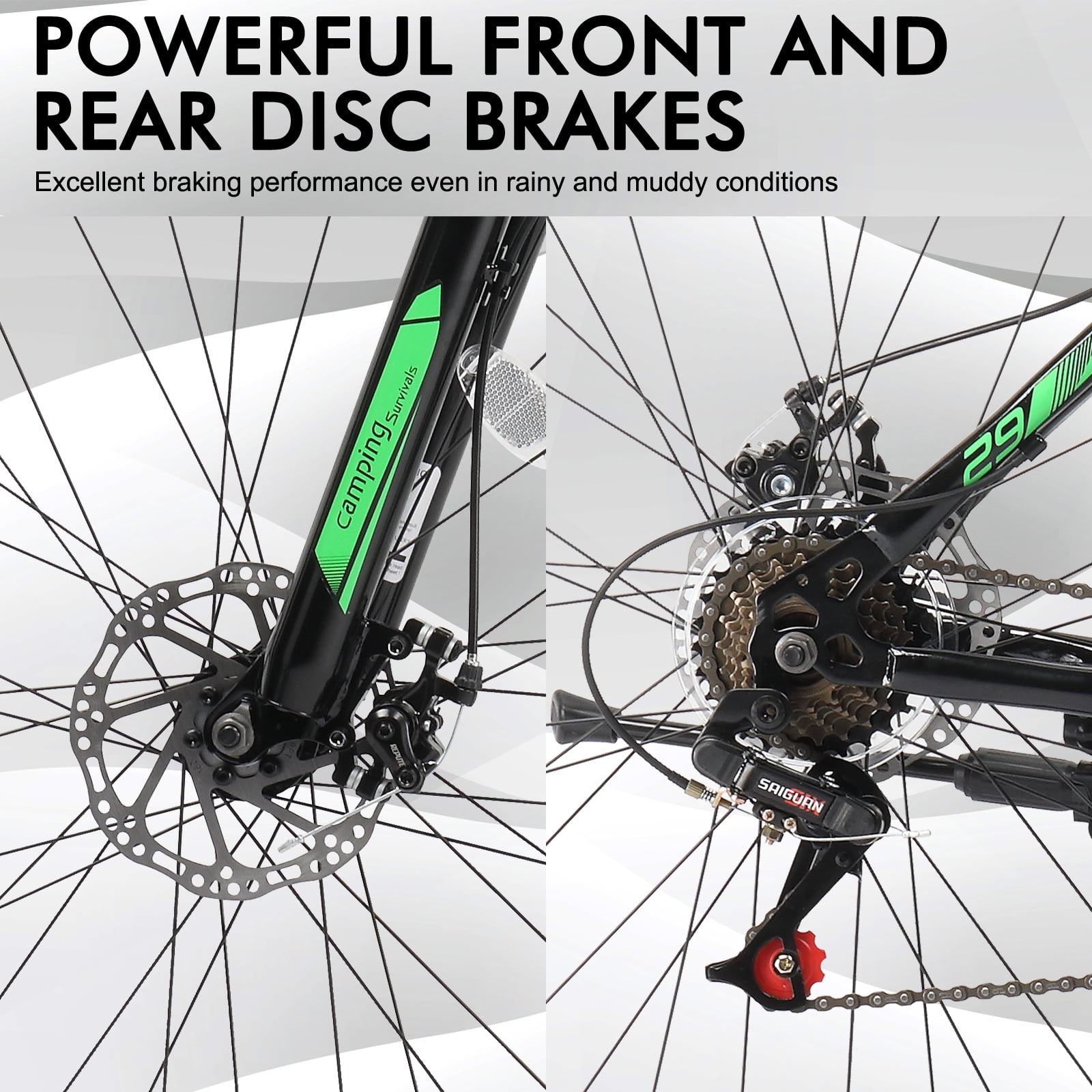 UBesGoo 29in Mountain Bike for Adult, 21 Speed MTB Bicycle for Men/Women, Dual Disc Brakes, Carbon Steel Frame, Black Green