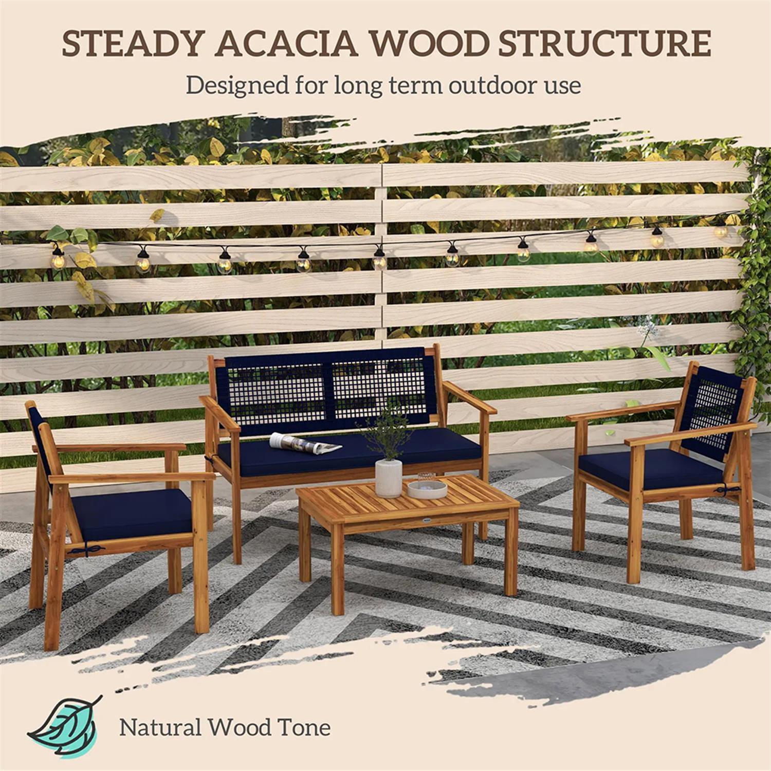 Demi Bonn 4-Piece Outdoor Conversation Sofa, Patio Furniture Set with 2 Acacia Wood Chairs Cushions & Slatted Coffee Table for Backyard, Balcony, Porch, Brown
