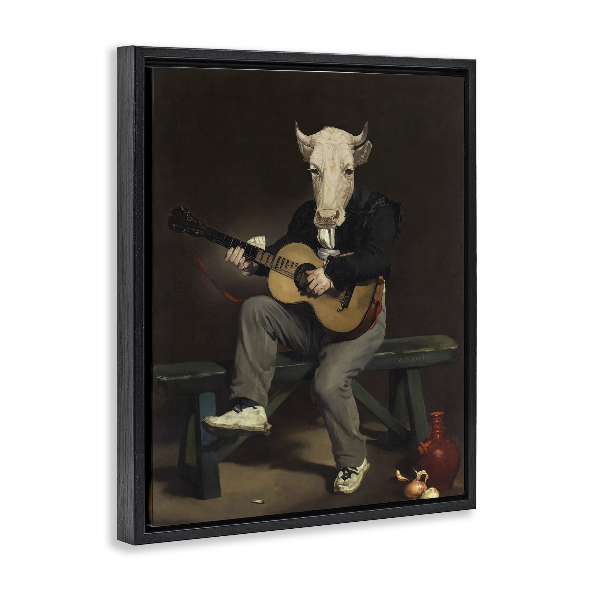 Stupell Industries Cow Playing Guitar Novelty & Humor Painting Black Floater Framed Canvas Art Print Wall Art, 17 x 21