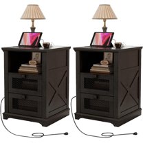 Farmhouse End Table with Charging Station Set of 2, Nightstand with 2 Drawers & Open Storage,Sofa Side Table with Mesh Drawers, Design Bedside Table for Living Room, Bedroom, Black