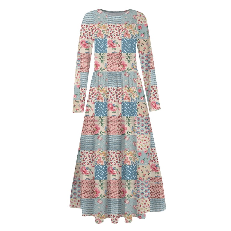 FrzhBrz Womens Maxi Dress Flowy Cute Floral Print Slim Crew Neck Long  Dresses with Pockets - Walmart.com
