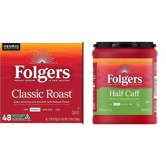 Folgers Classic Roast Medium Roast 48 ct & Folgers 1/2 Caff Medium Roast Ground Coffee 10.8 oz