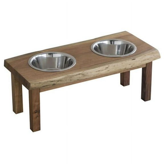 AmeriHome AWLDPF Acacia Wood Live Edge Double Bowl Pet Feeder Stand, Borwn