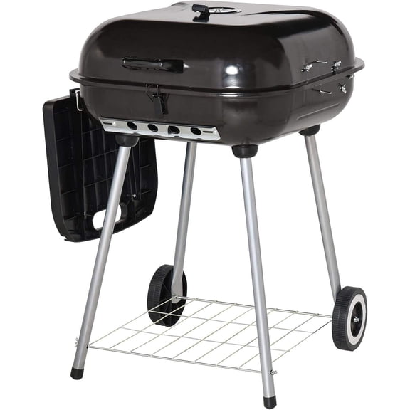 Portable Charcoal Grill with Foldable Side Shelf, Bottom Shelf, Wheels, and Adjustable Lid Vents for Picnic, Camping, Backyard Cooking