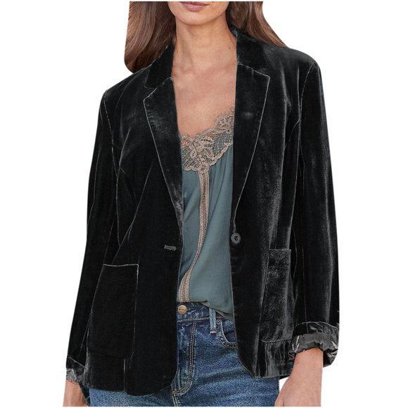 JUNWELL Clearance Velvet Blazer Jacket for Women Solid Long Sleeve Suit Open Front Cardigan Coat with Pockets Outerwear