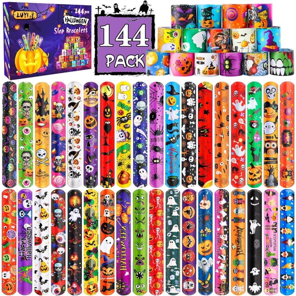 Miguan 144 Pcs Halloween Slap Bracelets,Halloween Party Favors Supplies for Kids-108 Different Designs Bracelets Bulk for Halloween Decorations Treat Toys Bag Stuffers Gift for Kids Girls Boys