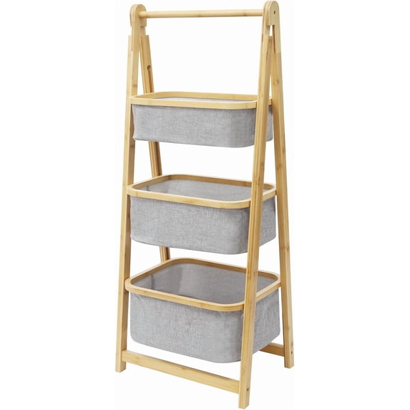 3 Tier Fold out Hamper Shelf Storage Foldable Laundry Baskets Natural Bamboo Wooden Laundry Organizer Removable Baskets for Bathroom Living Room Bedroom (Style 2)