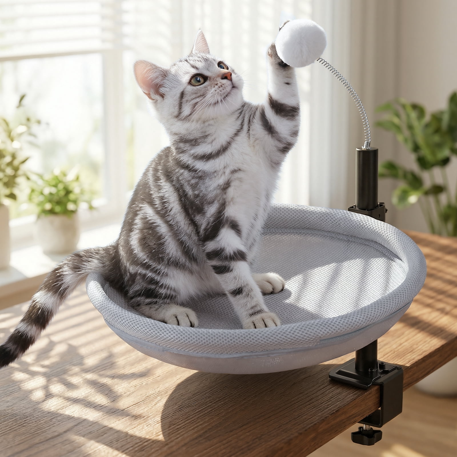 Cat Desk Bed with Interactive Hanging Ball, 360° Rotating & Height Adjustable Cat Hammock Perch, Cats Bed for Desk with Removable Washable Cover for Home Office Indoor Cats