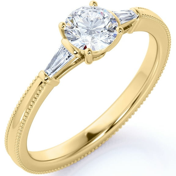 JeenMata Classic .83 ct Round & Tapered Baguette Moissanite - 3 Stone - Milgrain - Art Deco Engagement Ring - 18K Yellow Gold over Silver