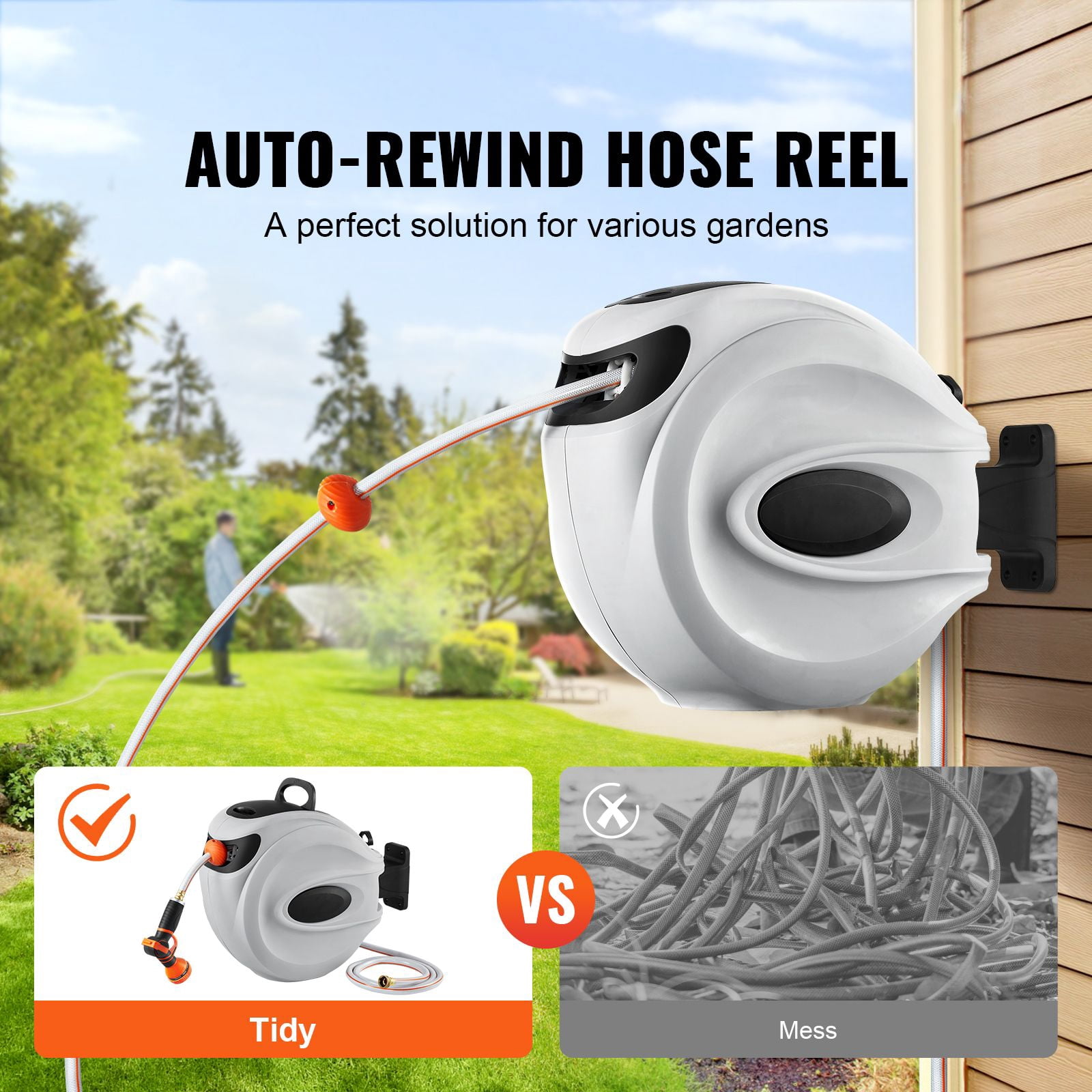 Retractable Hose Reel 65 ft x 5/8", Wall Mounted with 180° Swivel, 9-Pattern Nozzle, Auto Rewind